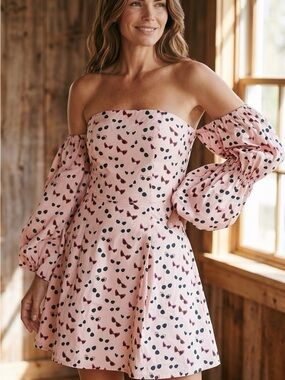 Bebe - Sz 12 - Strapless Pink Heart-Print A-Line Dress with Puff Sleeve